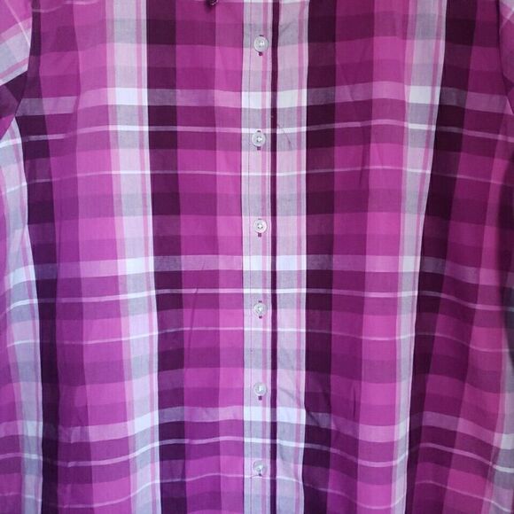 Woman Within Button Up Shirt 1X Plaid Classic Collar Hemline Styling Purple Pink - Picture 5 of 11